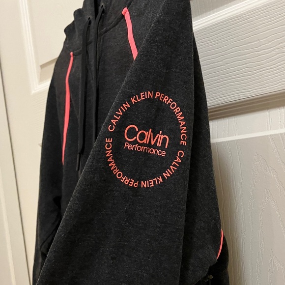 Calvin Klein Performance Hoodie Charcoal Gray Neon Pink Logo Trim Women Size XL - Picture 3 of 7